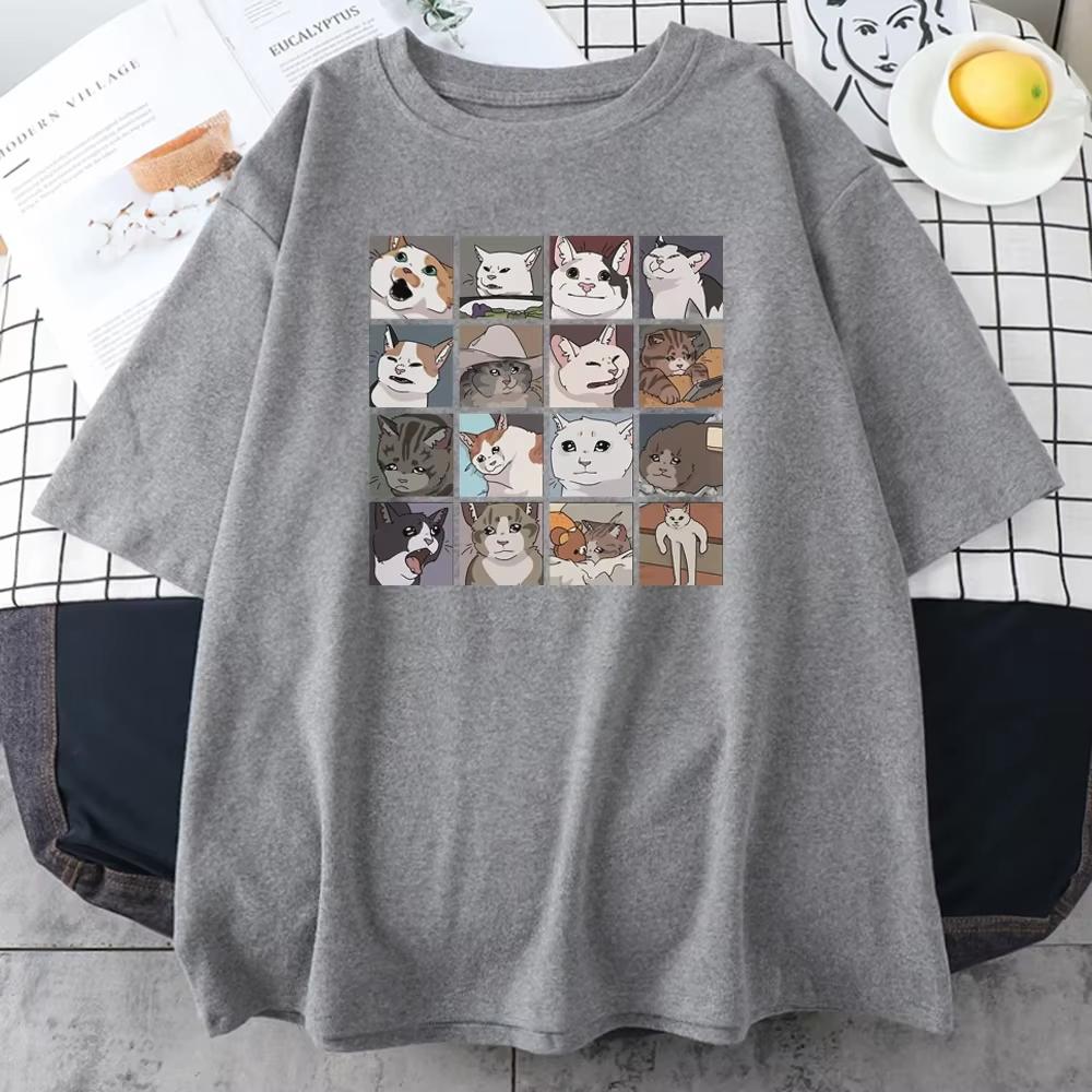 Bawełna Memy Koty Puzzle Kreatywność Nadruk Unisex Koszulki Plażowe Oddychające Zabawne Ubrania Oversize Codzienne Topy Unisex Krótki Rękaw