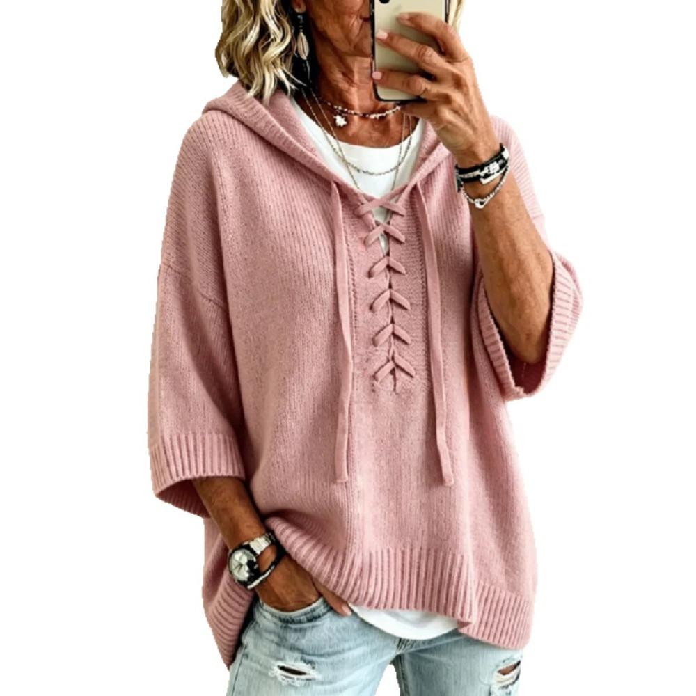 Women's New Knit Hooded Drawstring Sweater Loose Comfortable Hoodie Casual Soft Knitted Pullover Sweatshirt Top