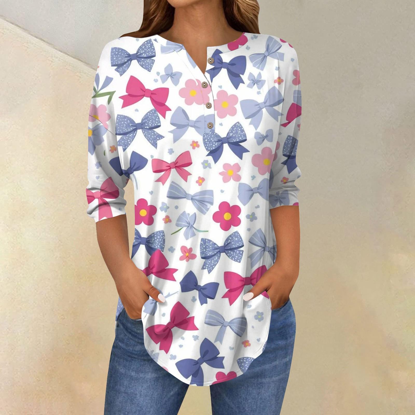 

Женская повседневная свободная футболка с принтом банта на пуговицах и рукавами три четверти XXL синий