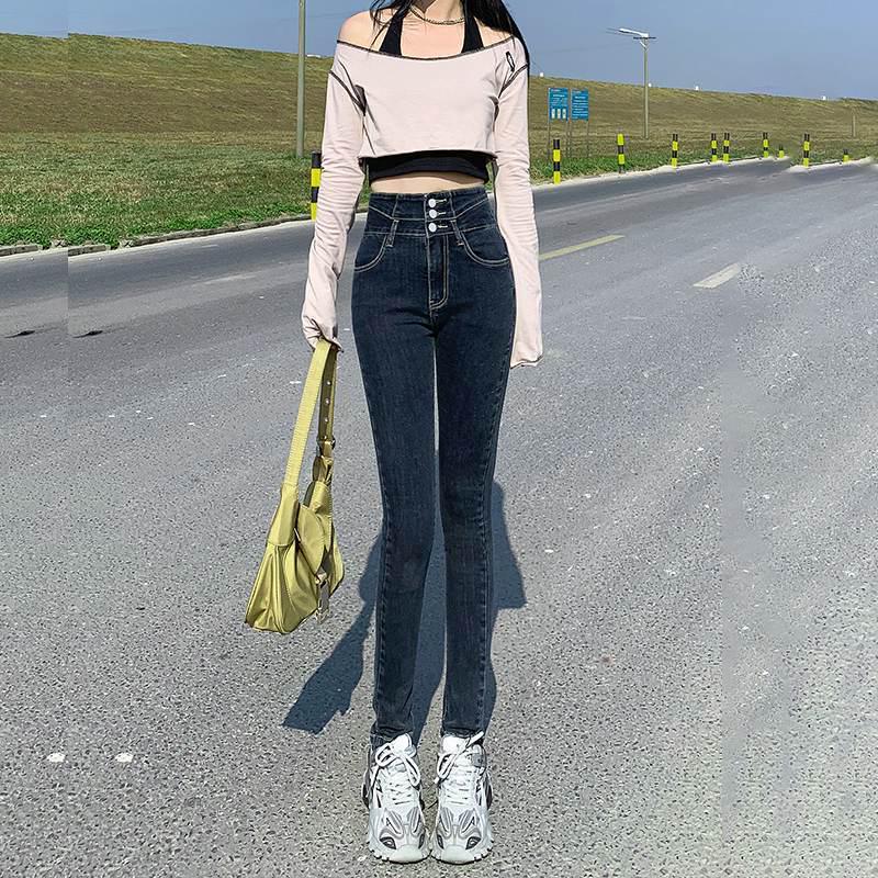 

Women s Spring Slim-Fit High-Waisted Cropped Pencil Pants M серый/синий