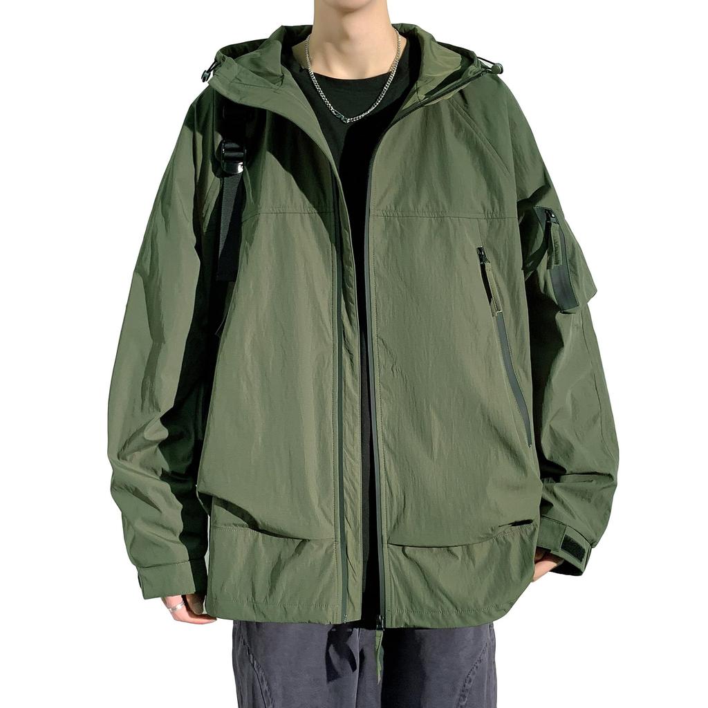 [Fasshonrida] Men's Mountain Parka - Water-Repellent Softshell Nylon Jacket - Windproof Outerwear - Cold-Weather Windbreaker - Olive Green XL