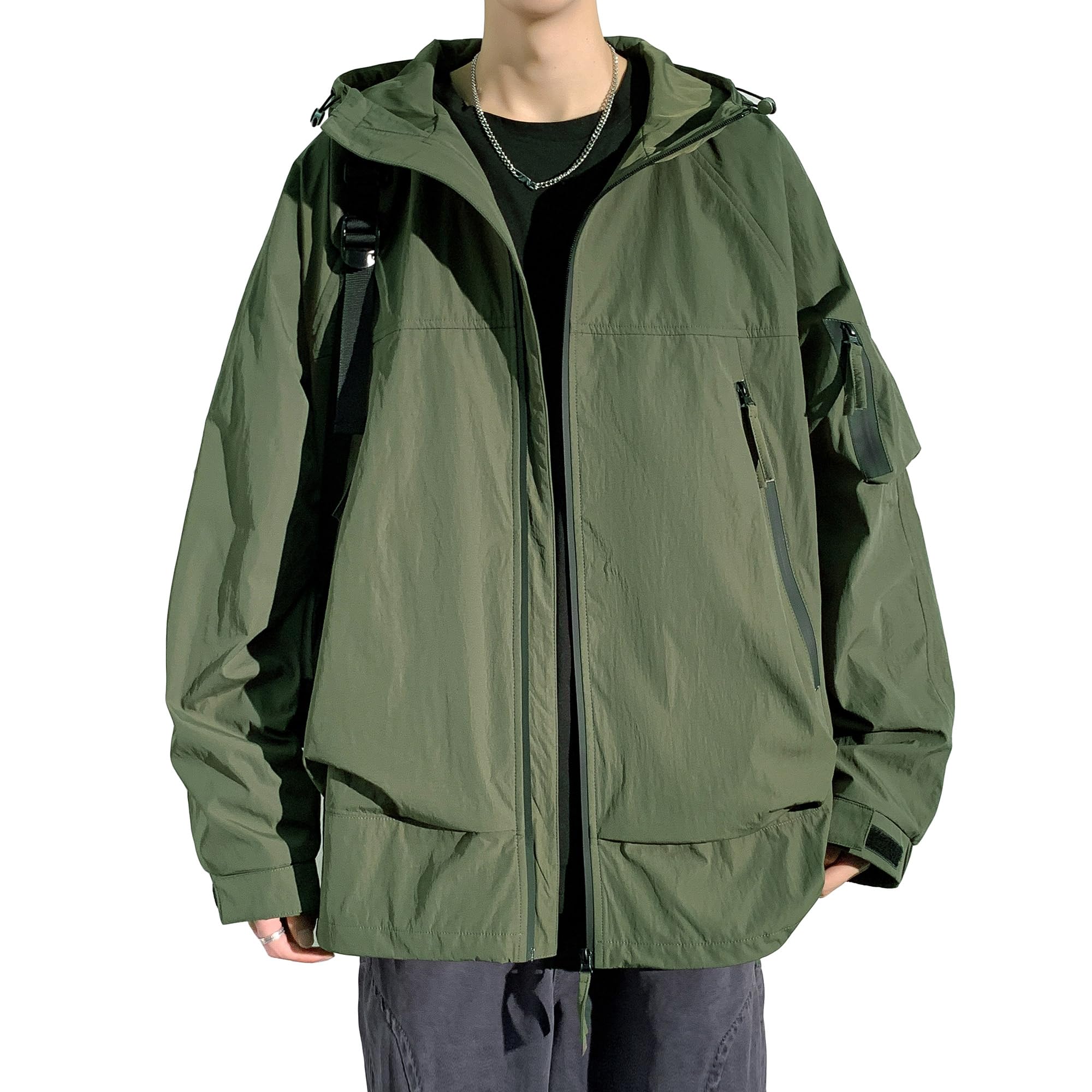 

[Fasshonrida] Men s Mountain Parka - Water-Repellent Softshell Nylon Jacket - Windproof Outerwear - Cold-Weather Windbreaker - Olive Green XL