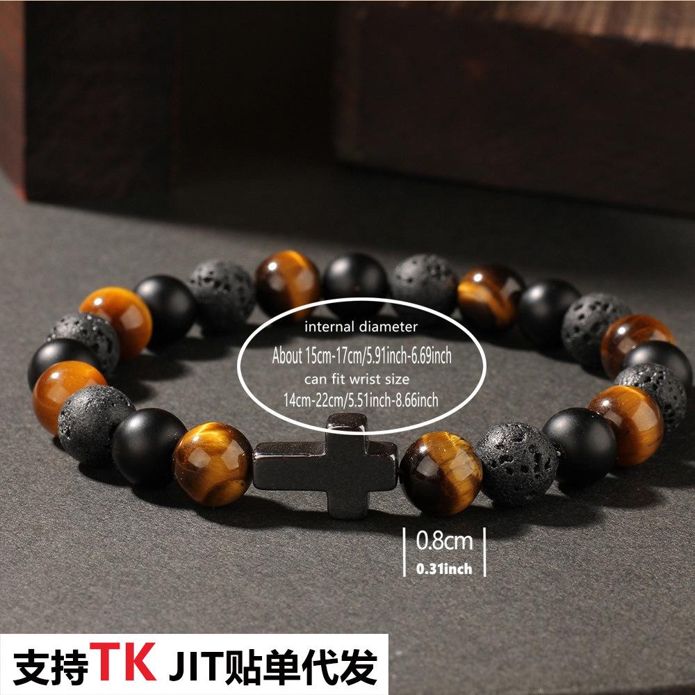 Tiger Eye Lava Rock And Matte Onyx Beaded Bracelet With Black Cross Charm Religious Fashion Jewelry For Men Daily Wear Simple Versatile Accessory