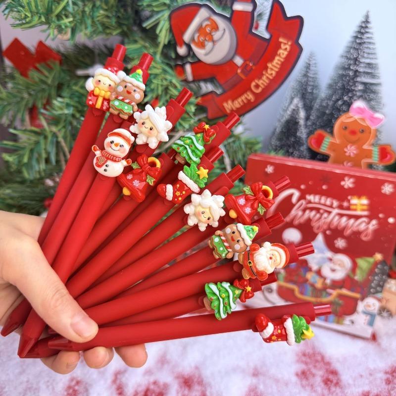 10Pcs Christmas Snowman Patch-Themed Retractable Ballpoint Pens - Red Soft Grip Pens with Random Christmas Designs, Fine Point, Ideal for Students and