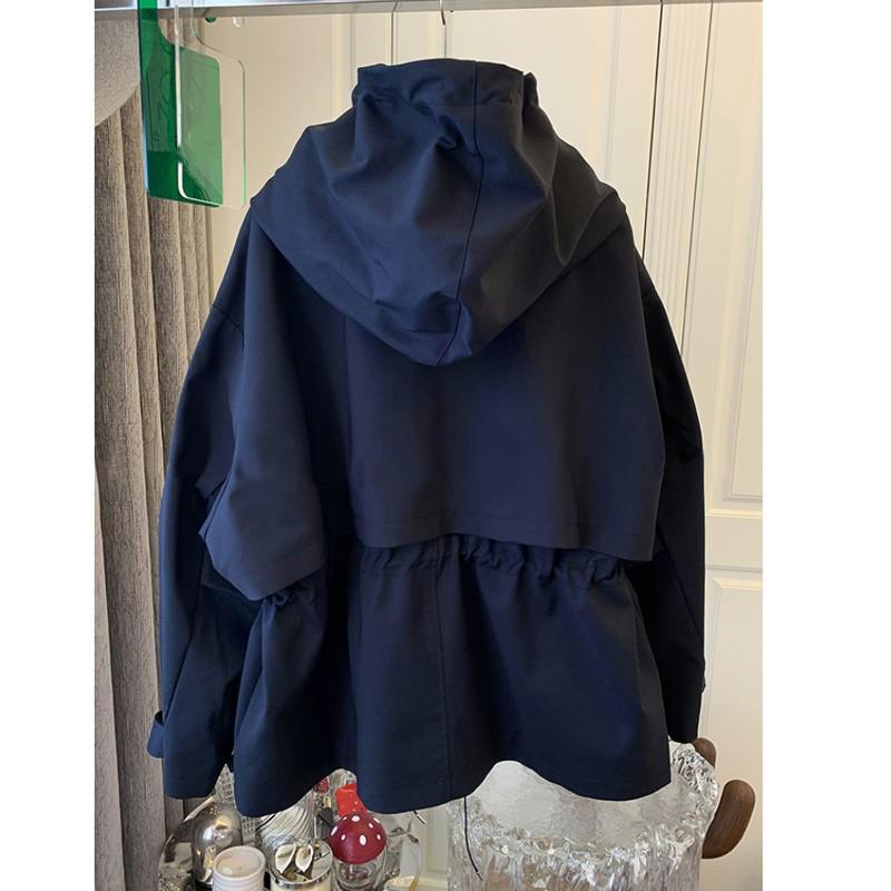 Damen Frühling Herbst Koreanischer Design-Sinn Locker Lässig Windbreaker Dame Saum Kordelzug Taille Kapuzenoberteil