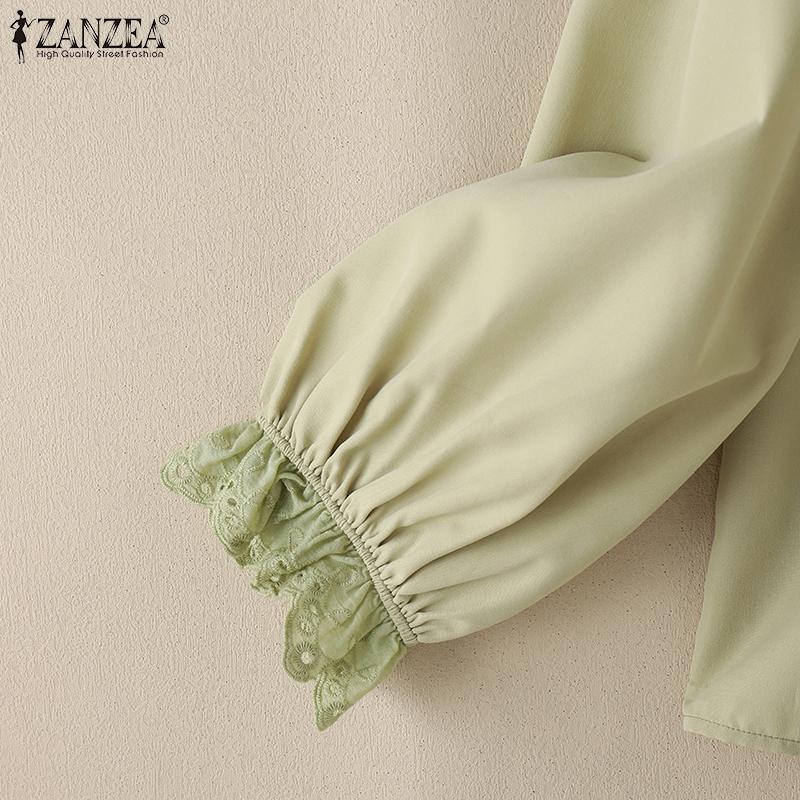 ZANZEA Damen Spitzeinsatz Rundhals Langarm Freizeitbluse