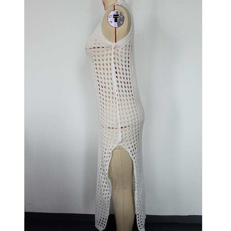 Cross-border Vacation Sexy Knit Sleeveless Dress: Solid Color, Round Neck, Breathable, High Slit, Beach Cover-up