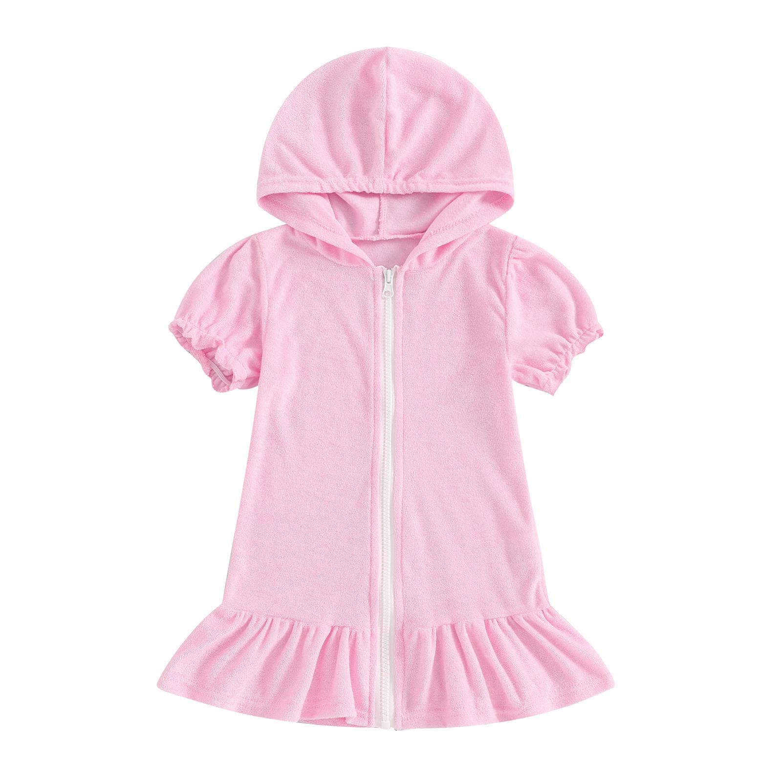

Little Girl Swim Cover Up Casual Loose Solid Color Short Sleeve Ruffled Zipper Hooded Swimsuit Toddler Bathing Suit 5-6 Years білий