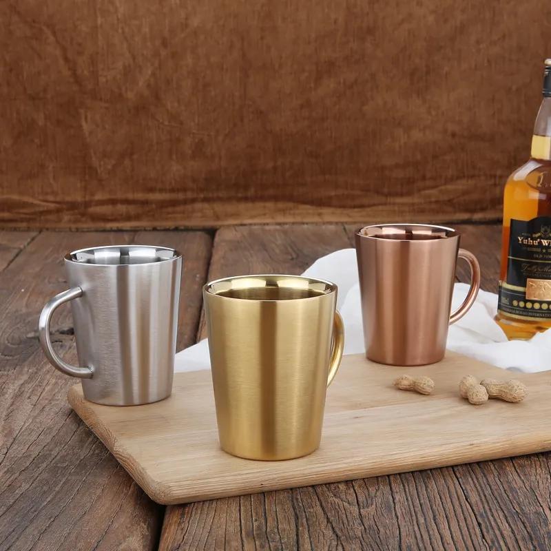 Stainless Steel Coffee Cups Double Layer Anti Scald Mugs With Handle Portable Mug Eco Friendly Drinking Cup Water Bottle YLE032