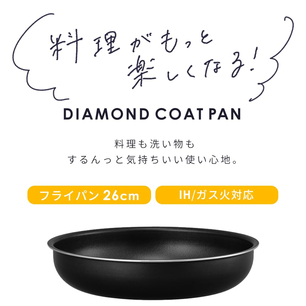 Iris Ohyama 26cm Frying Pan with Detachable Handle, Diamond Coated, Dishwasher Safe, Oven Safe, IH & Gas Stove Compatible, NTF-SEI26F, Black Metallic