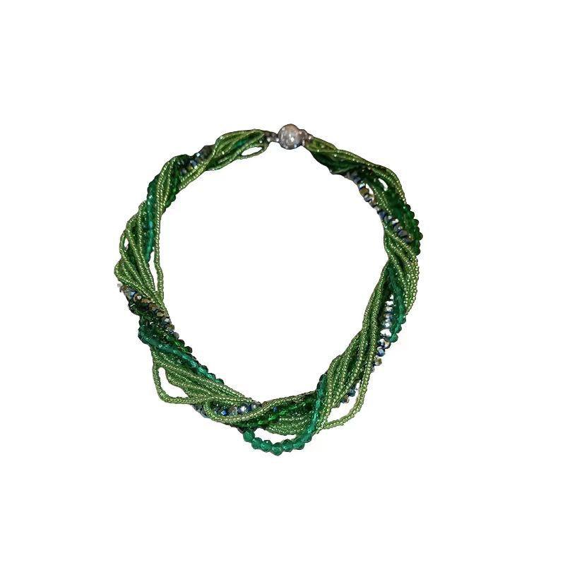 Elegant Multi-Layer Crystal Rhinestone Beaded Necklace Women Green Seed Bead Wrap Chain Alloy Base Micro-Set 2025