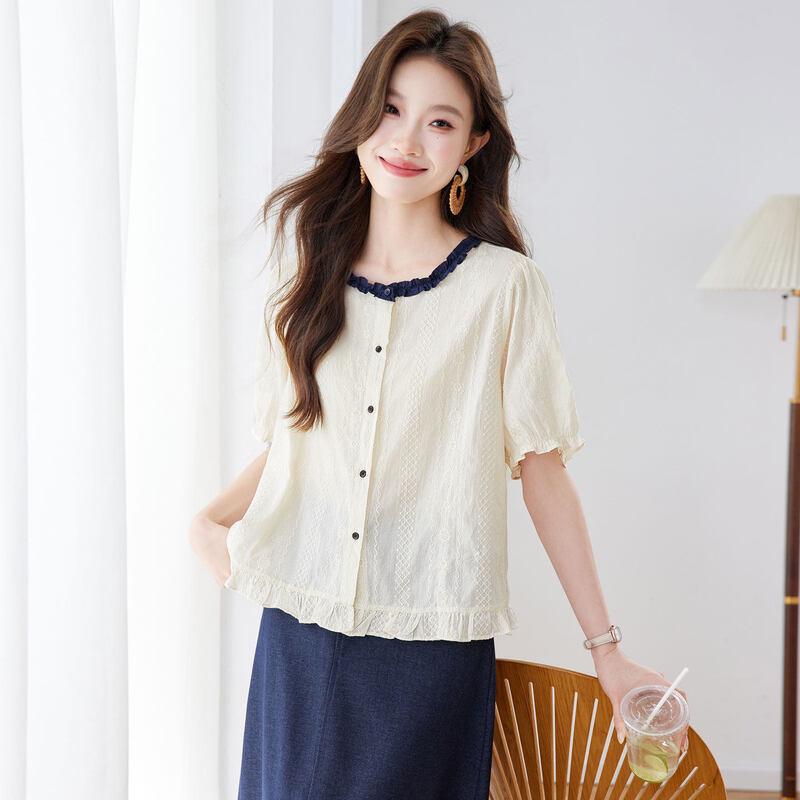 La Chapelle Women s French Ruffle Embroidered Short Sleeve Shirt L