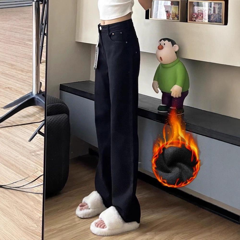 

Plus Size Women s Black Fleece-Lined Denim Pants - High-Waisted, Loose, Slimming Straight Leg for Autumn/Winter XXL чорний