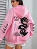 Japanese Dragon Graphic Hoodie Women Streetwear Back & Sleeve Print Hooded Sweatshirt Casual Loose Oversized Pullover Hoodie