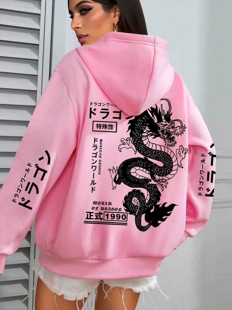 Japanese Dragon Graphic Hoodie Women Streetwear Back & Sleeve Print Hooded Sweatshirt Casual Loose Oversized Pullover Hoodie