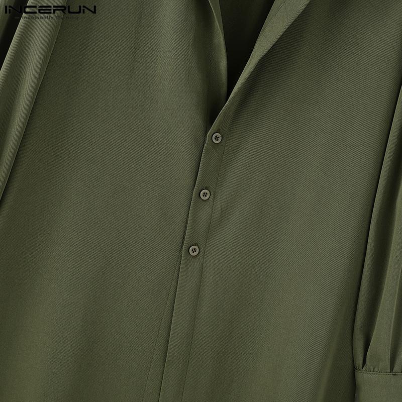 INCERUN Men Lapel Collar Long Puff Sleeve Buttons High Splits Long Shirts
