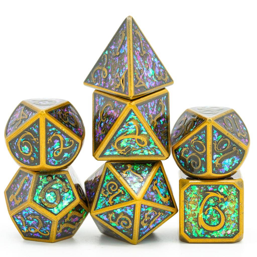 Cusdie Dragon Font DND Dice Metal, Auspicious Cloud, 7Pcs Polyhedral Dice Set, for D&D Role Playing Game Pathfinder Board Games