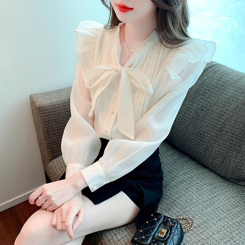 Fashion New 2024 Autumn Long Sleeve Bow Collar Casual Apricot Ruffles Chiffon Blouse Shirt Women Tops Blouses Shirts J514