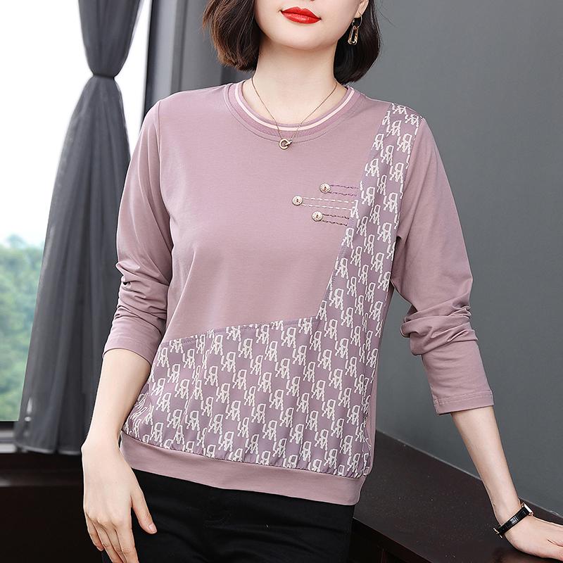 

Женская футболка 4XL из чистого хлопка с длинным рукавом и воротником, свободный топ большого размера для женщин среднего возраста, модное платье для мам M