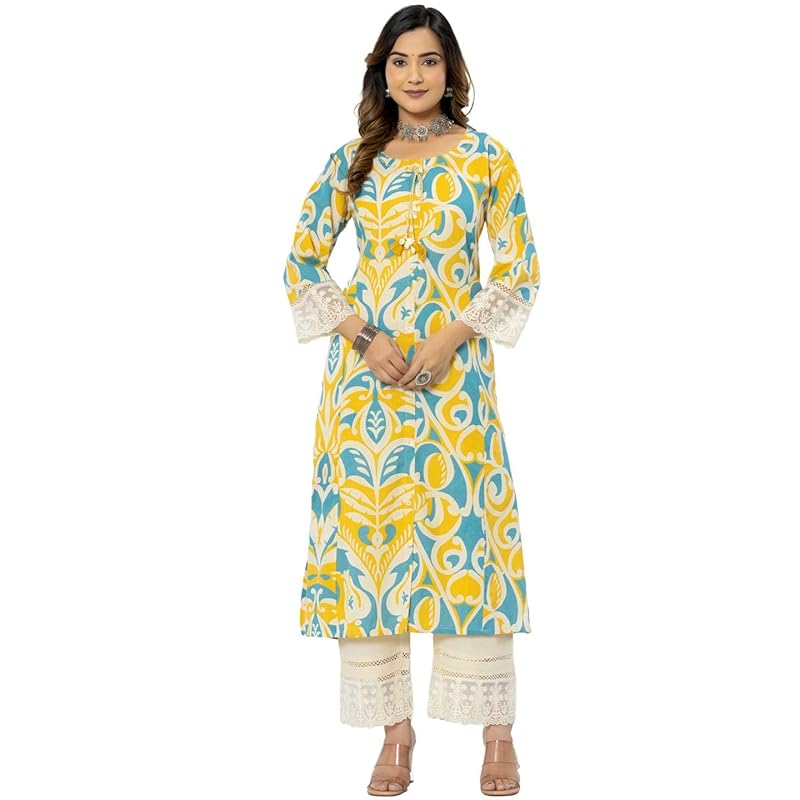 rytras Women s Cotton Printed A-Line Kurta with Pant Set(RYT563,Yellow,3XL) S