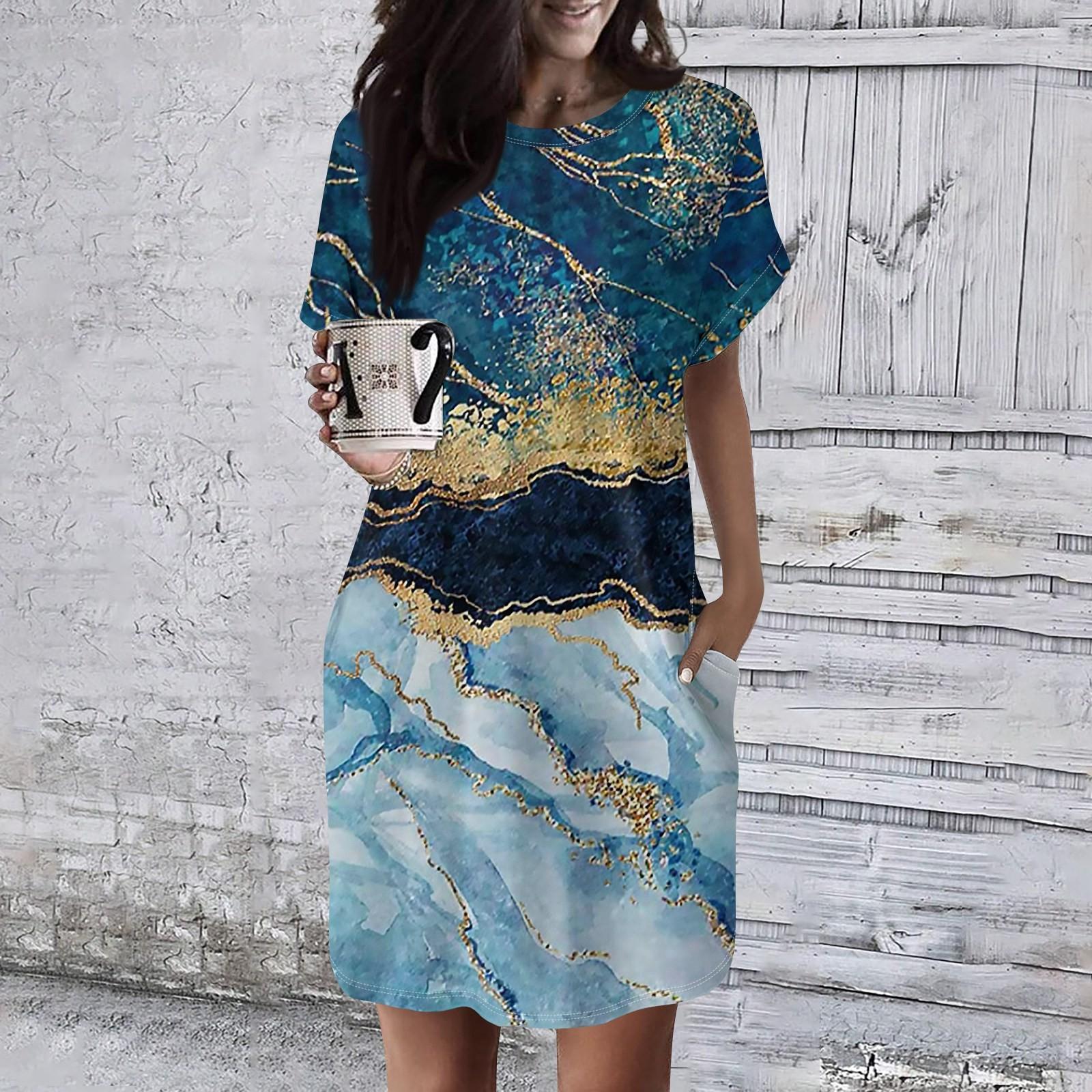 

Женское платье с круглым вырезом и коротким рукавом, повседневные летние платья-туники, свободное платье с карманом L синий