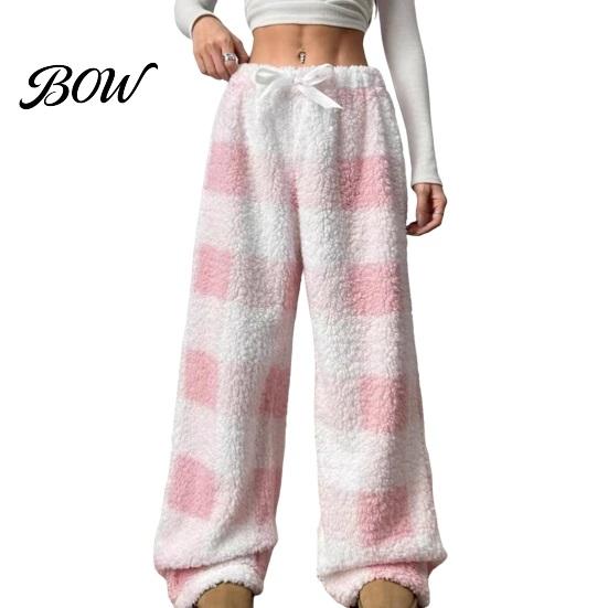 Soft Skin Friendly Sleep Pants Women Plaid Wide Leg Pants, Drawstring High Waist Thick Coral Fleece Velvet Trousers Warm Loungewear, Anti-Pilling