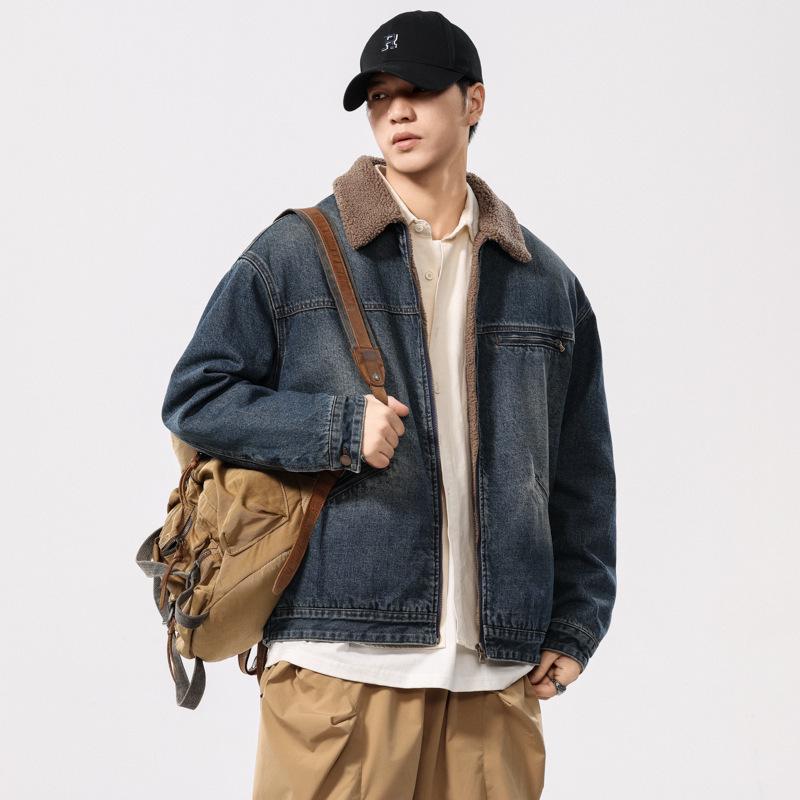 Men's Retro Maillard Lambswool-Lined Winter Denim Workwear Jacket