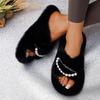 Luxury Pearl Chain Decoration Short Plush Slides Women 2025 Autumn Round Toe Low Heel Slippers Warm Faux Fur Outdoor Slippers