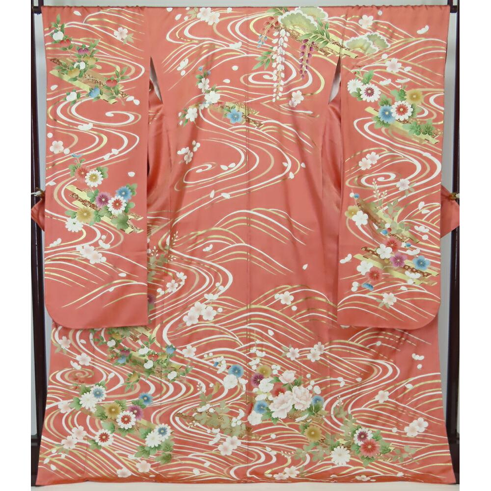 

[Used] Good condition, Mon-Rinko long-sleeved kimono, salmon pink color