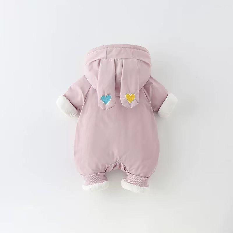 Baby Girl Velvet Jumpsuit - Warm, Cute Cartoon Hooded Windbreaker Onesie