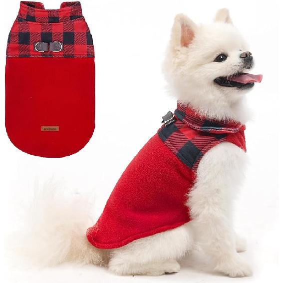 EXPAWLORER Fleece Dog Sweater - Classic Plaid Dog Jacket, Winter Coat Vest with 2 D-Rings for Leash, Pet Cold Weather Clothes, Sweatershirt for Boys