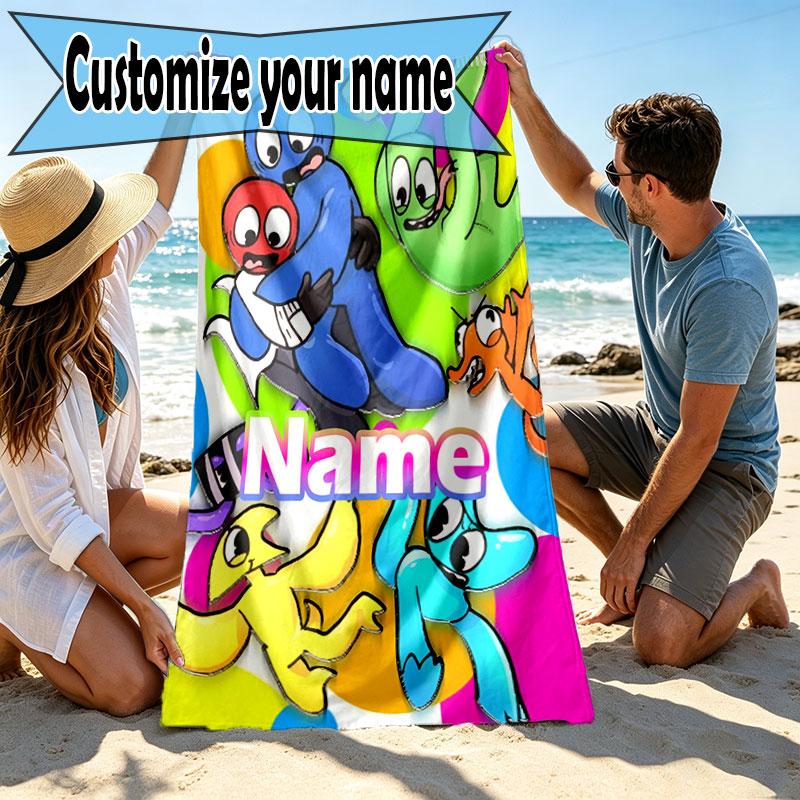 Custom Name Personalized Game Rainbow Friends Print Beach Towel, for Trip Camping Beach Party Home Decor, Birthday Gift for Family & Friends