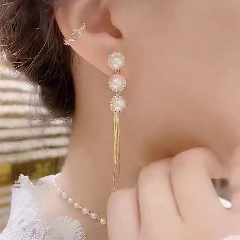 925 Sterling Silver Long Tassel Korean Earrings with Faux Pearl Ear Studs