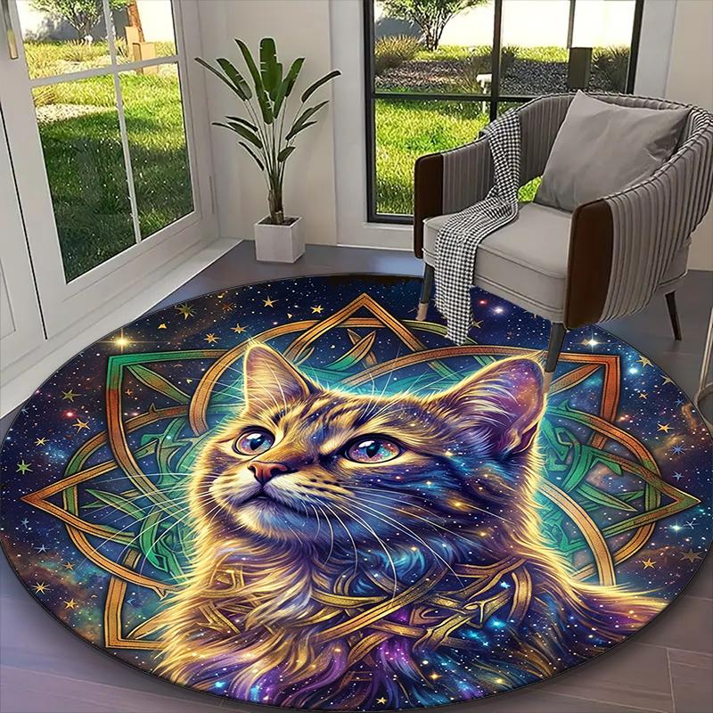1pc Cosmic Cat Carpet for Room Floor Mat, Comfortable Office Chair Printed Round Rug, Beautiful Hotel Rug