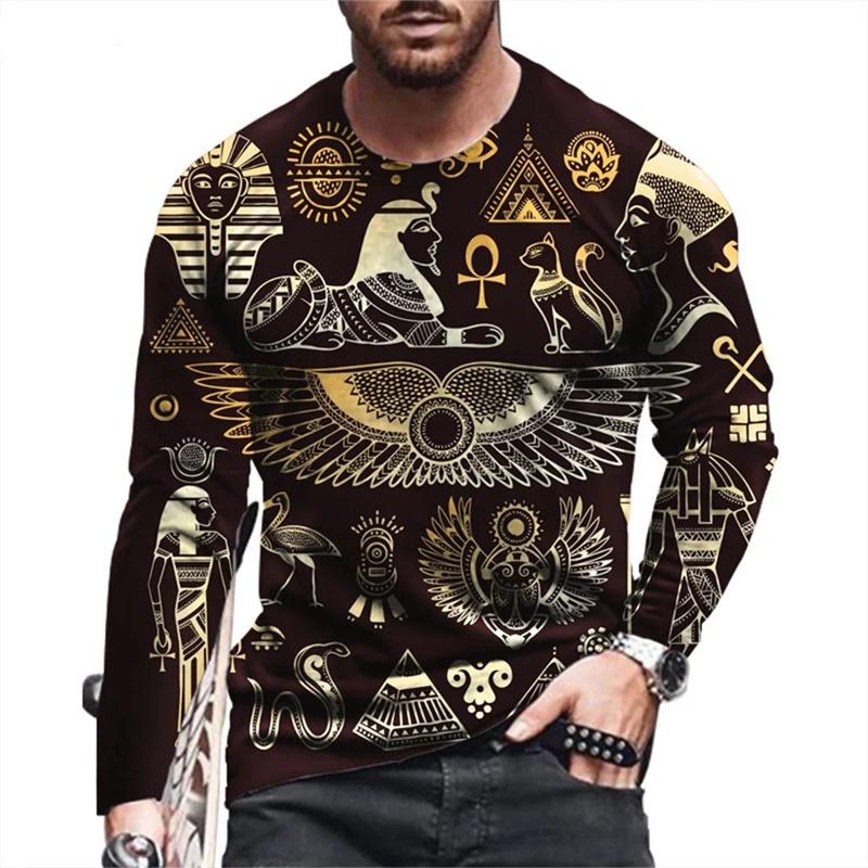 Ancient Egyptian Pattern Print T-shirt Autumn Men's O-Neck T-shirt Casual Long Sleeve Oversized Tops Fashion Streetwear Tees