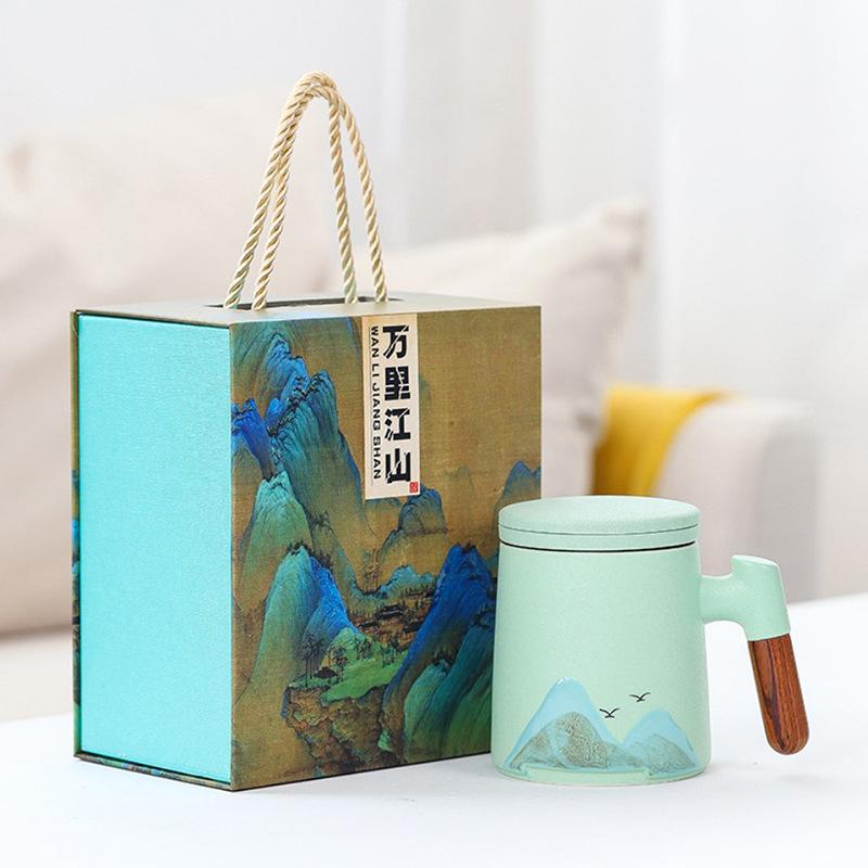Guochao Holzgriff Yuanshan Keramiktasse mit Deckel Qianli Weißporzellan Jiangshan Büro Tee- und Wasserseparation Geschäftsgeschenk