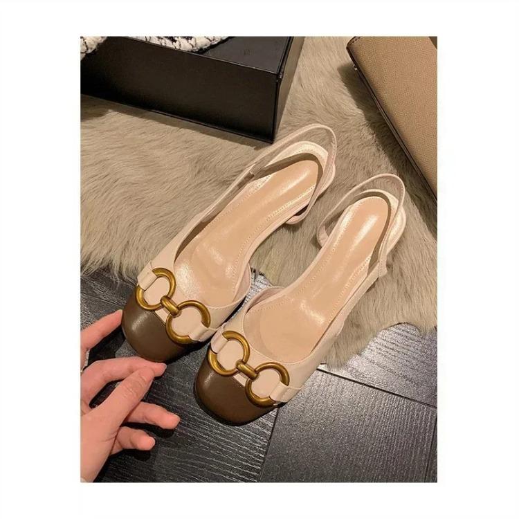 French Retro Baotou Back Strap Horsebit Women Sandal Real Leather Stitching Low Heels Office Shoes Slip On Sapatos Femininos