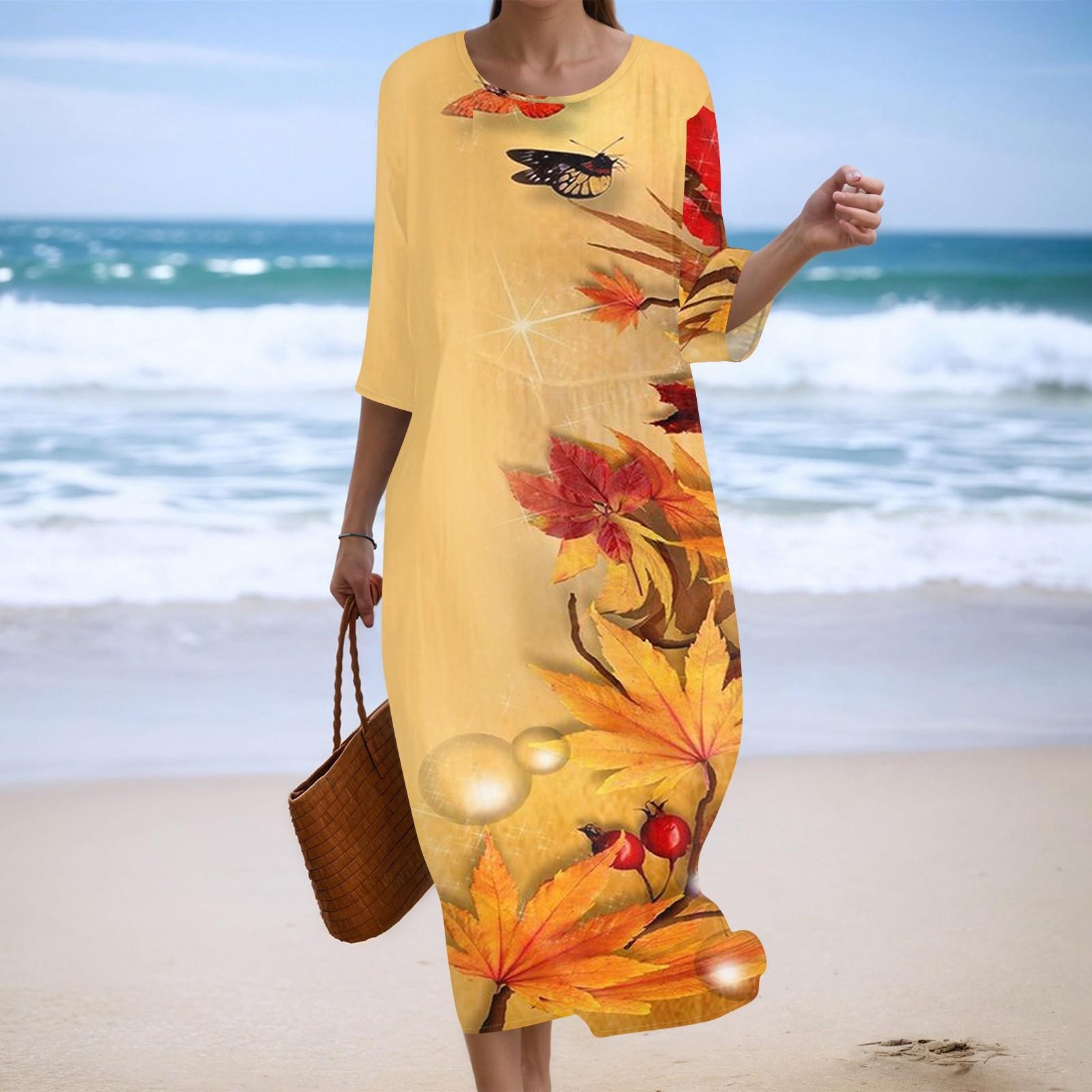 

Women s Fashionable Printed Round Neck Seven Quarter Sleeve Loose Dress XXL помаранчевий