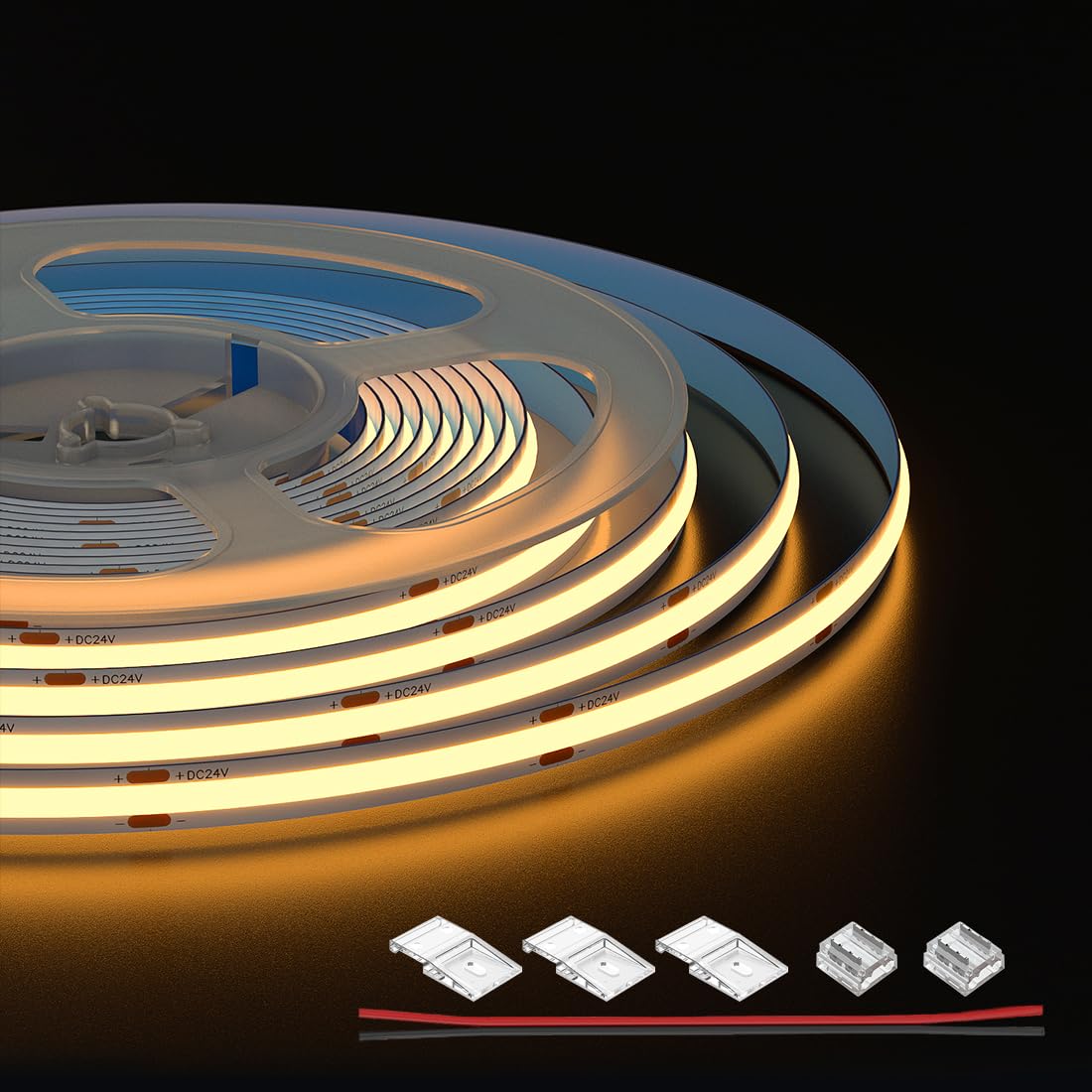 

FCOB COB LED Strip Light, 320 LEDsm, 5M, Warm White, 2700K, Flexible, High Density, 8mm Wide, DC24V, 8Wm, Dimmable, Transformable, Cuttable,