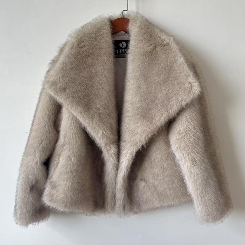 Damen Reverskragen Langarm Kunstpelzmantel Lockerer Schnitt Streetwear Pelzjacke