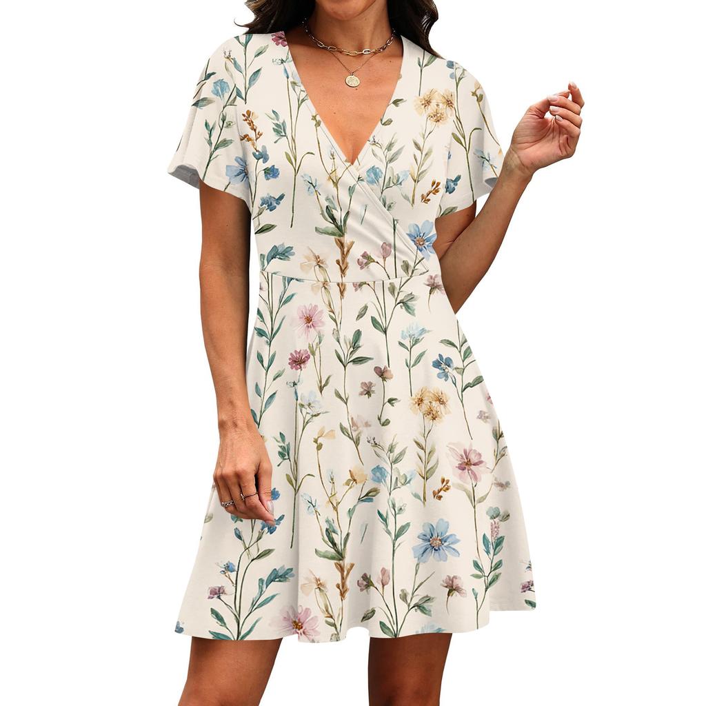 Damen Mini-Kleid mit kurzen Ärmeln, V-Ausschnitt und Blumenprint aus weichem Stoff mit lockerer Passform für den täglichen Gebrauch und Freizeit
