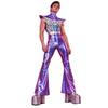 Retro 70er Disco Club Jumpsuit für Herren Flatterärmel Reißverschluss vorne Farbverlauf Pailletten Oberteil Schlaghosen Color Block Unitard Halloween