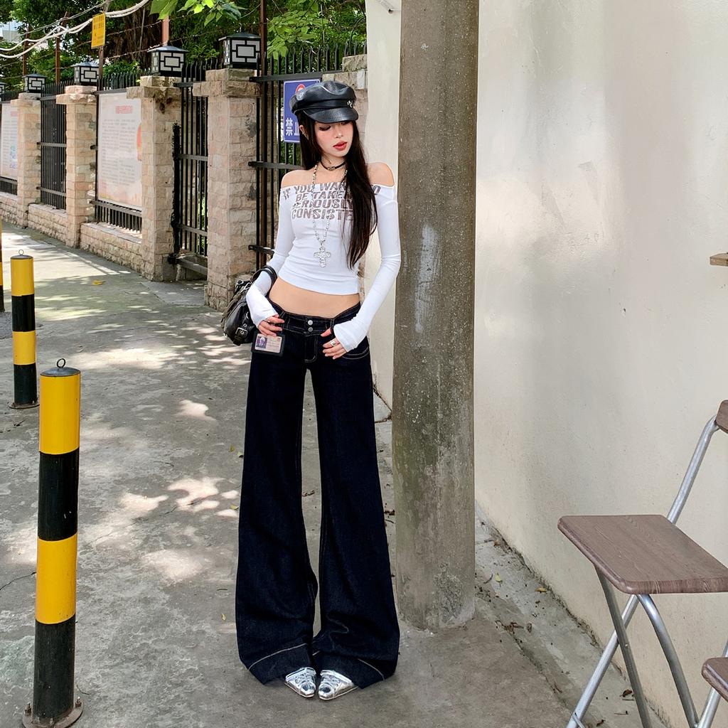 American double-button micro-pull jeans women's autumn and winter new low-rise loose wide-leg thin versatile flared pants