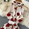 Retro Print Dress  Summer New Goddess Fan Temperament V-Neck Tie Waist Thin Mid-Length Dress