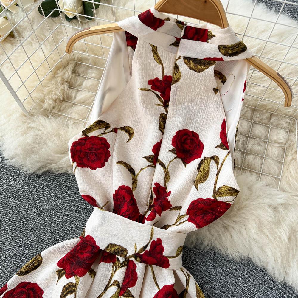Retro Print Dress  Summer New Goddess Fan Temperament V-Neck Tie Waist Thin Mid-Length Dress