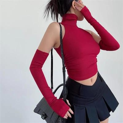 Lato Estetyczny Retro Off Shoulder Top Kobiety Patchwork Seksowny Wysoki Kołnierz Wąska Kamizelka Kobiecy Projekt Mody Swobodny Krótki Uliczny Styl Topy Nowość