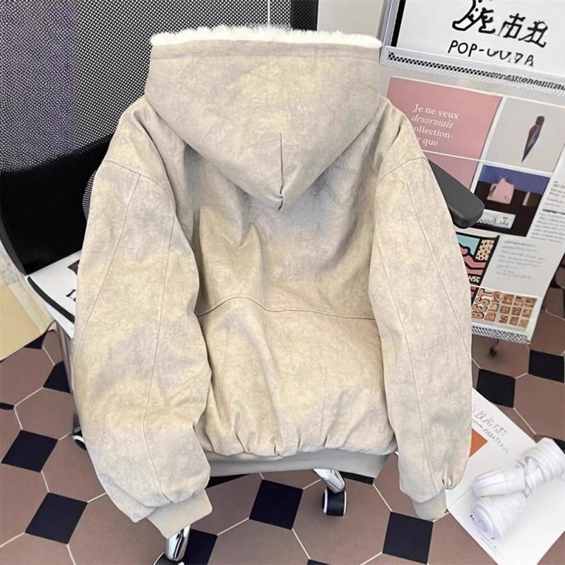 Oversized Hooded Zip-Up Fleece-Lined Cotton Jacket Men Women Winter Warm Loose Casual Outerwear