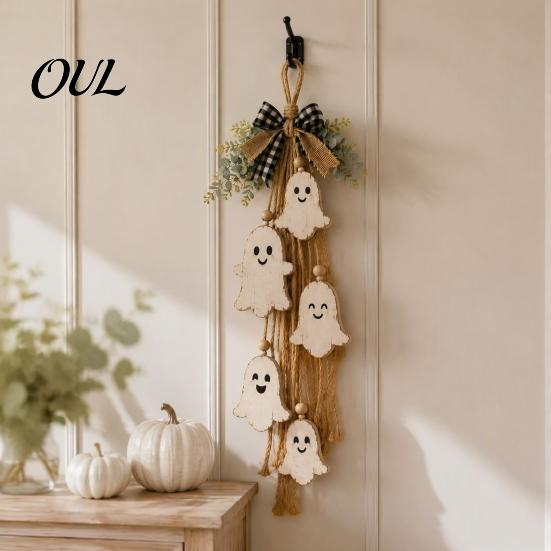 Cute Ghost Gift for Home Halloween Rustic Wall Hanging Decor with Wood Beads & Hemp Rope, Farmhouse Easy To Hang Porch Pendant Living Room Bedroom And