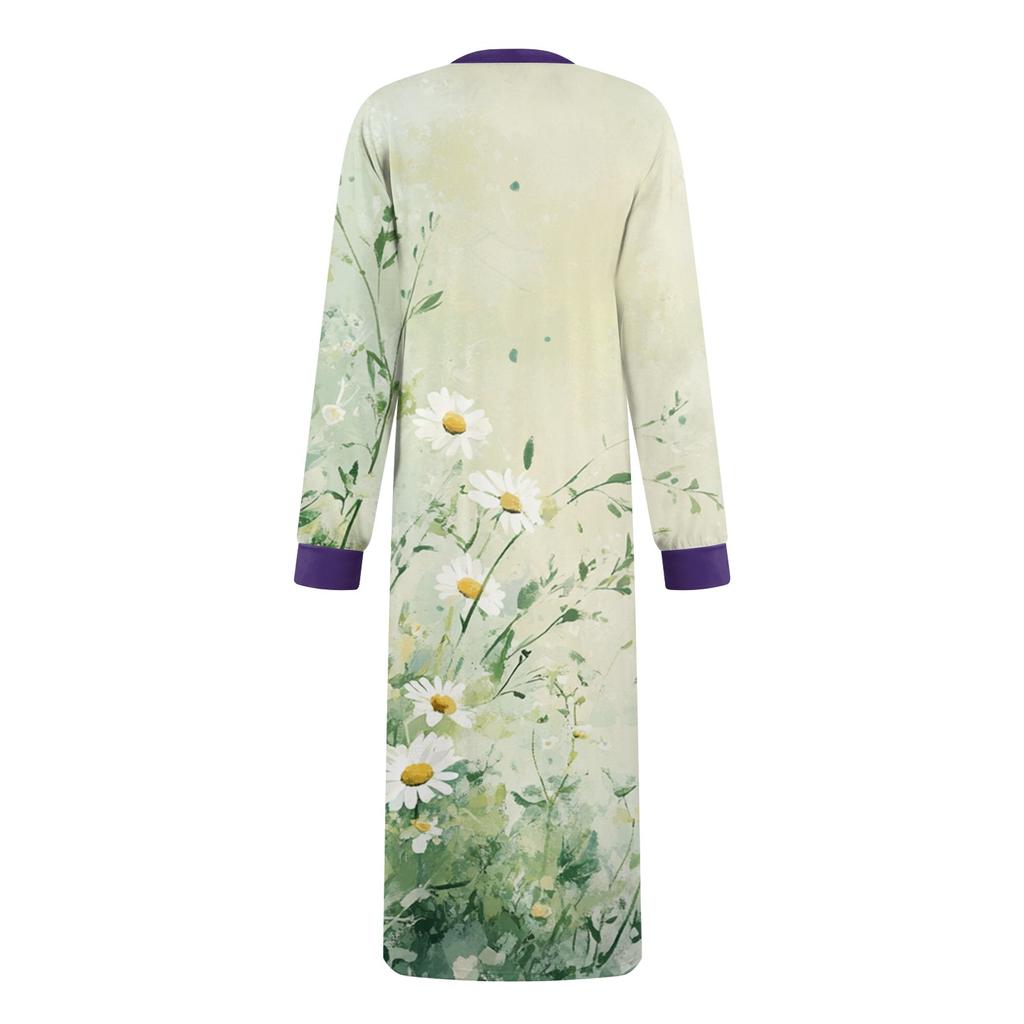 Damska koszula nocna, modna, drukowana, długa, szlafrokowa, piżama z dekoltem w serek i kieszeniami