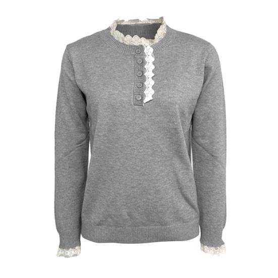 Women Sweater Round Neck Buttons Half Placket Long Sleeve Knitting Tops Solid Color Lace Trim Jumper Tops Casual Wear